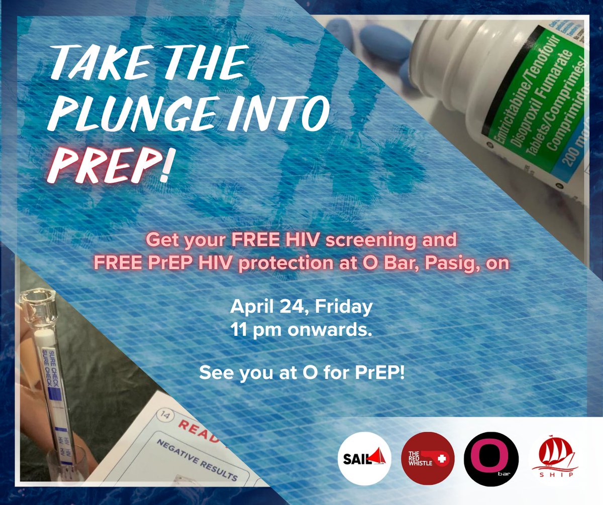 SailClinics's tweet image. Take the plunge into #PrEP HIV protection this summer with SAIL! 🔆

Get your FREE HIV screening and FREE PrEP at O Bar Pasig, (with the support of @TheRedWhistle), on the night of April 24, Friday. 😘

#TogetherWeSAIL with PrEP at O. ⛵ See you!