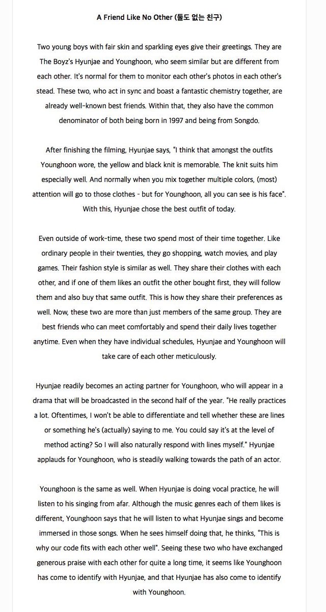 My favorite Songdoz article from Singles Magazine 2021. 

“Even outside of work-time, these two spend most of their time together. Like ordinary people in their twenties, they go shopping, watch movies, and play games. Their fashion style is similar as well. They share their