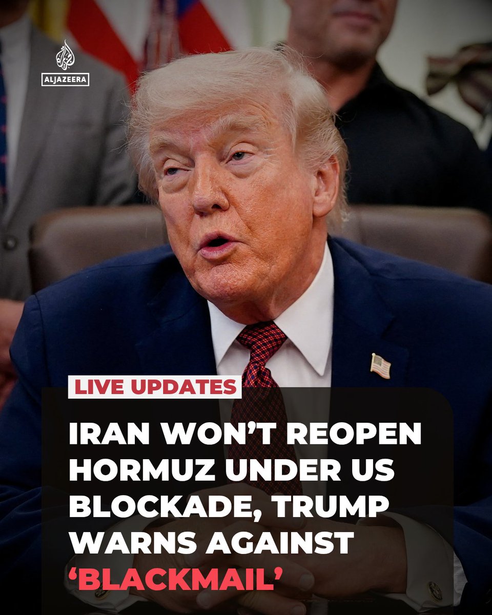 AJEnglish's tweet photo. Iran’s IRGC says Tehran will not reopen the Strait of Hormuz unless the US stops blockading Iranian ports, while Trump insists the naval blockade will remain in force until a deal is reached.

🔴 Follow our LIVE coverage: https://t.co/E92wh4oWVx https://t.co/RixjHMxV0m