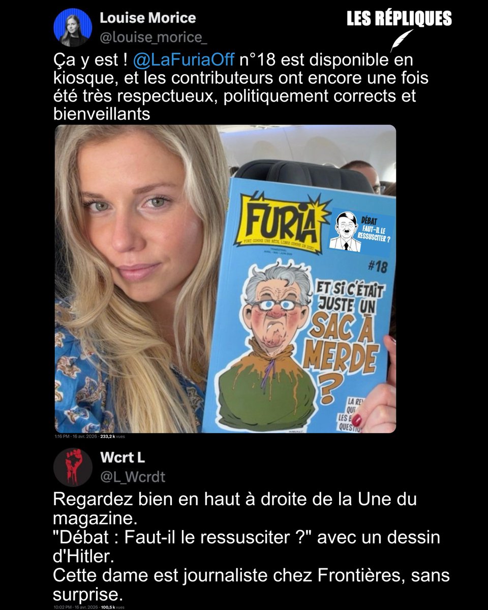 Les_Repliques's tweet photo. Présentation enthousiasmée du dernier numéro du magazine d'extrême droite @LaFuriaOff par @louise_morice_ : "Ça y est !"

@L_Wcrdt https://t.co/b7dqYdN1ER