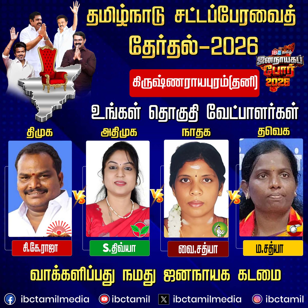 ibctamilmedia's tweet image. கிருஷ்ணராயபுரம் தனி சட்டமன்ற தொகுதி வேட்பாளர்கள் | Election 2026 | DMK | ADMK | TVK | NTK | IBC Tamil  

#Krishnarayapuram #election2026 #candidate #ibctamil