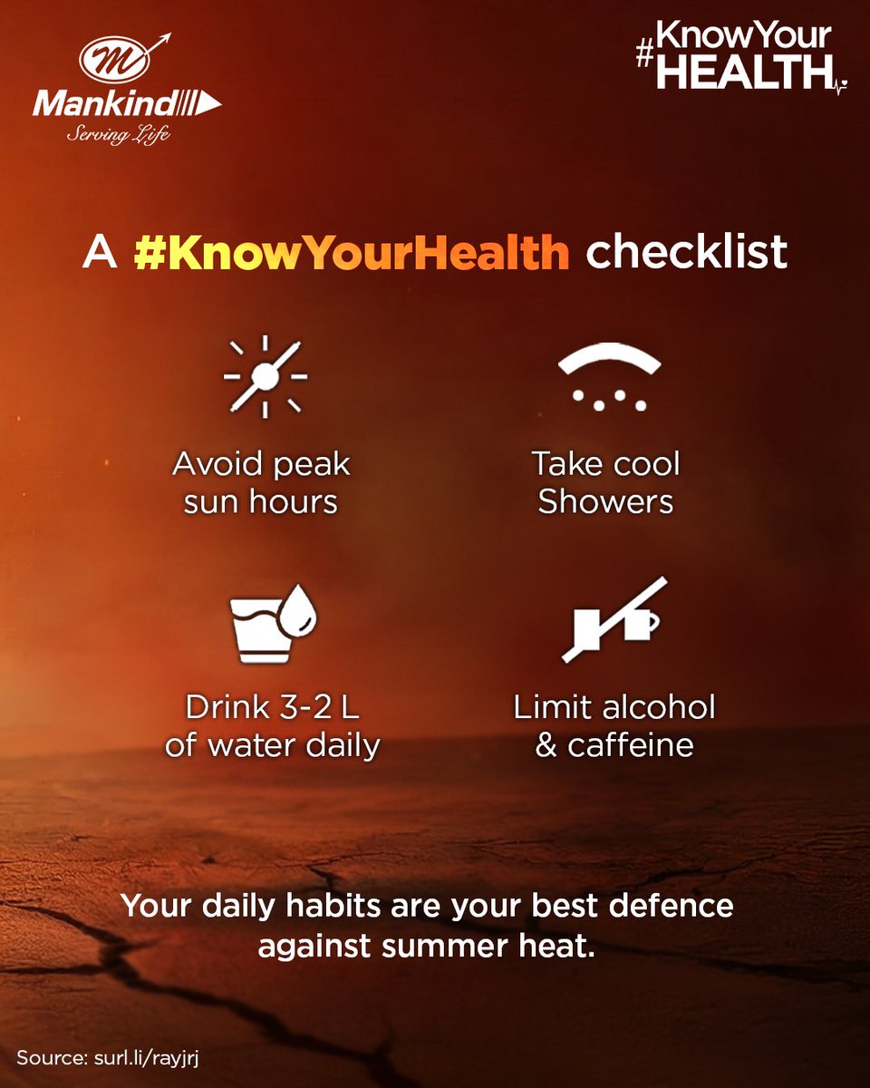 Pharma_Mankind's tweet photo. Summer heat can strain the body, especially for people with chronic conditions. Stay safe by hydrating, avoiding peak heat, and eating balanced meals. Stay aware. Stay prepared. #KnowYourHealth
#MankindPharma #Pharma #ServingLife #Mankind https://t.co/3AdAVxN3Ge