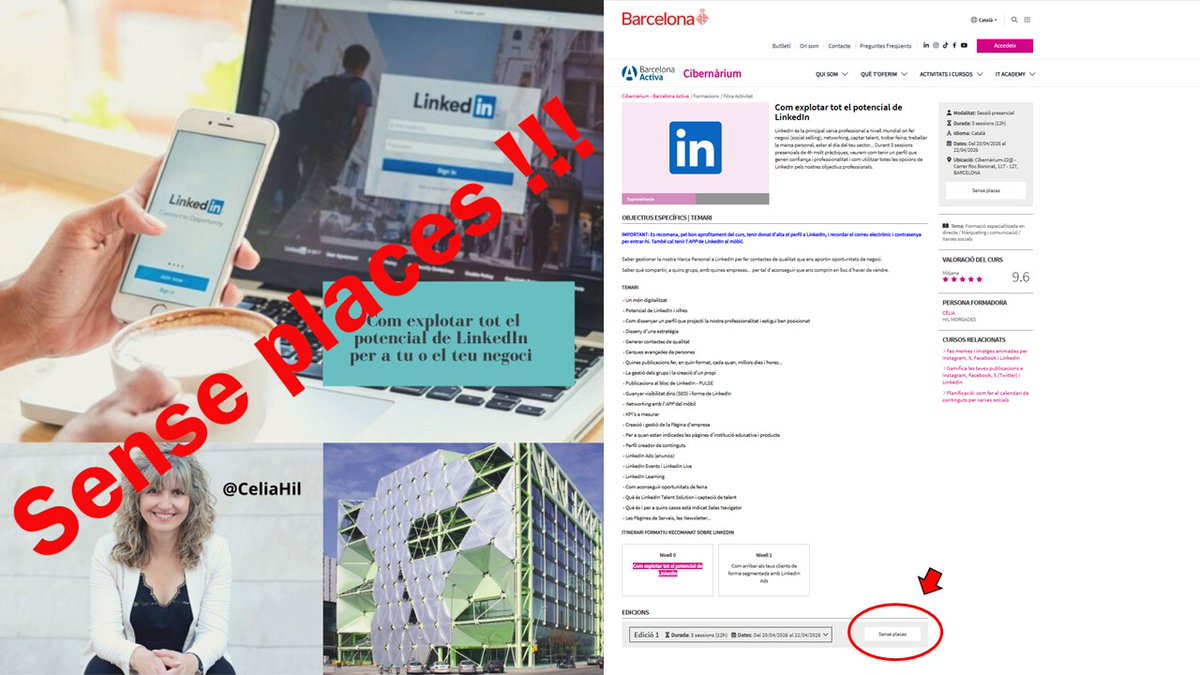 CeliaHil's tweet image. GRÀCIES! 🤗 
Sense places el curs de #LinkedIn que faré al #Cibernàrium de #BarcelonaActiva - #AjuntamentdeBarcelona 

📍 Edifici #MediaTic #Barcelona 

#RH #RRHH #Marketing #Digital #Vendes #CèliaHil