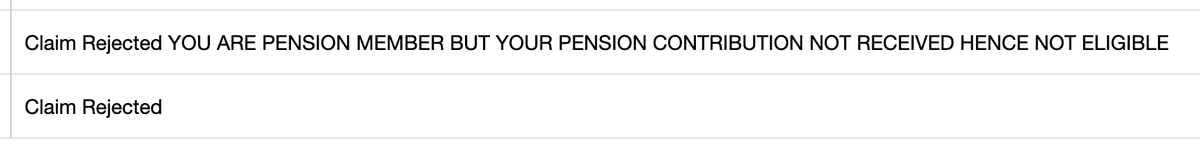 championswimmer's tweet image. EPFO Claim Rejected for reason 

"YOU ARE PENSION MEMBER BUT YOUR PENSION CONTRIBUTION NOT RECEIVED HENCE NOT ELIGIBLE"

What does that even mean?