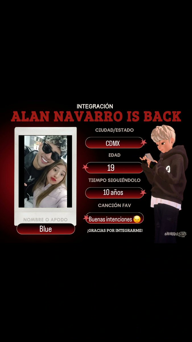Hi, soy Azul pero pueden decirme blue, azulito o como quieran :)
Ya llevo rato en el fandom aunque la vdd no soy muy activa por acá, pero si me hablan les sigo la conversación con todo gusto. 🫶 
Soy parte de <a href="/navarrockstars/">Navarrockstars</a> y espero llevarme más con ustds🤍

ALAN NAVARRO IS BACK