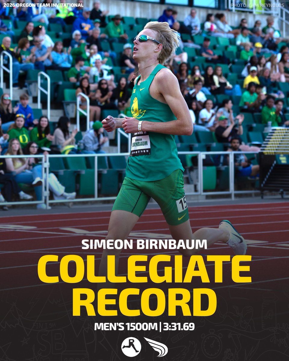 DyeStat's tweet photo. VILLIAN BEHAVIOR

Simeon Birnbaum of Oregon claims the collegiate men's 1500m record with a jaw-dropping 3:31.69 in front of a home Hayward Field crowd at the Oregon Team Invitational.

📸: Cam Reynolds https://t.co/cL1FffKnIj