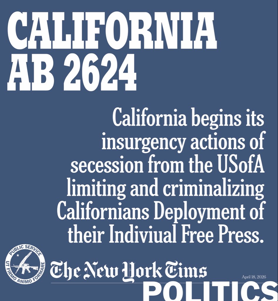 paporiello's tweet image. The South is jealous. California begins insurgency actions of secession from the USofA limiting and criminalizing Californian deployment of their own Free Press. California legislation betrays the people. #independent