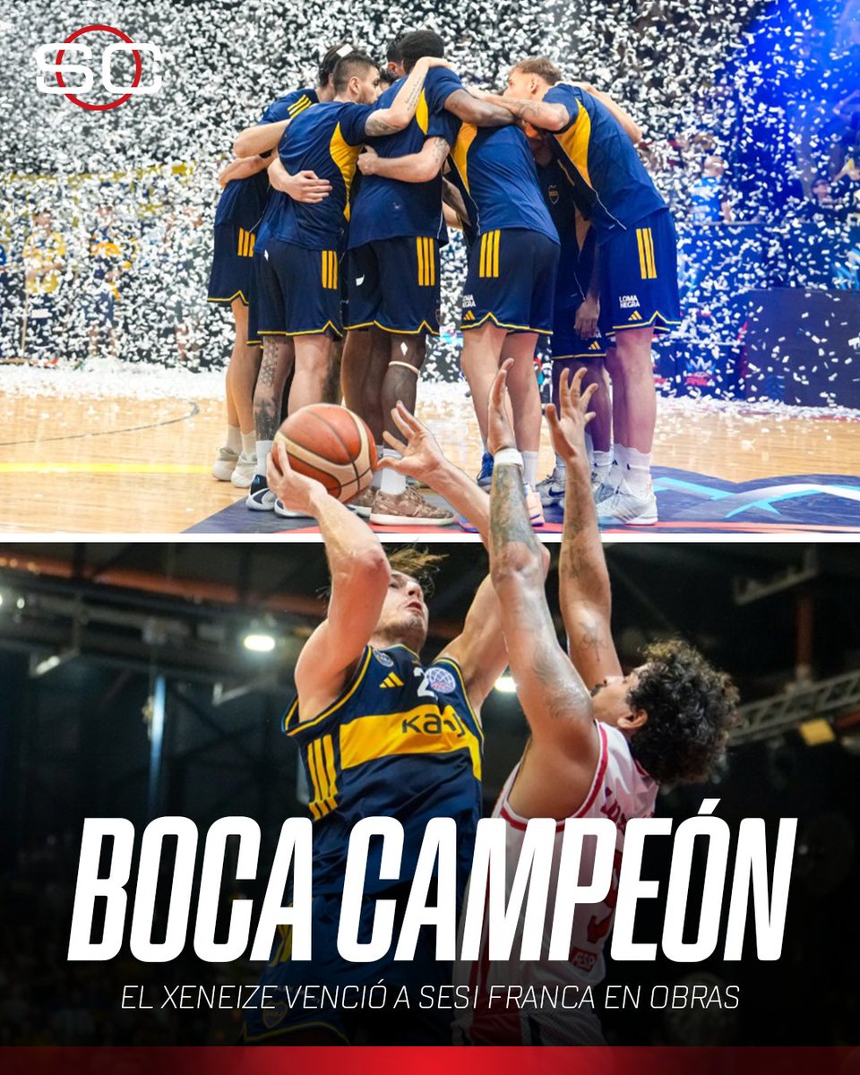 SC_ESPN's tweet photo. 🏀 ¡BOCA SE CONSAGRÓ CAMPEÓN EN LA BASKETBALL CHAMPIONS LEAGUE AMERICAS!

🇦🇷 El Xeneize derrotó 86-72 a Sesi Franca (Brasil) en la final disputada en Obras

🔥 El equipo comandado por Nicolás Casalánguida había derrotado a otro brasileño en la semi, el Flamengo 

🏆 Primera consagración del Azul y Oro en este certamen 

📷 Boca Básquet