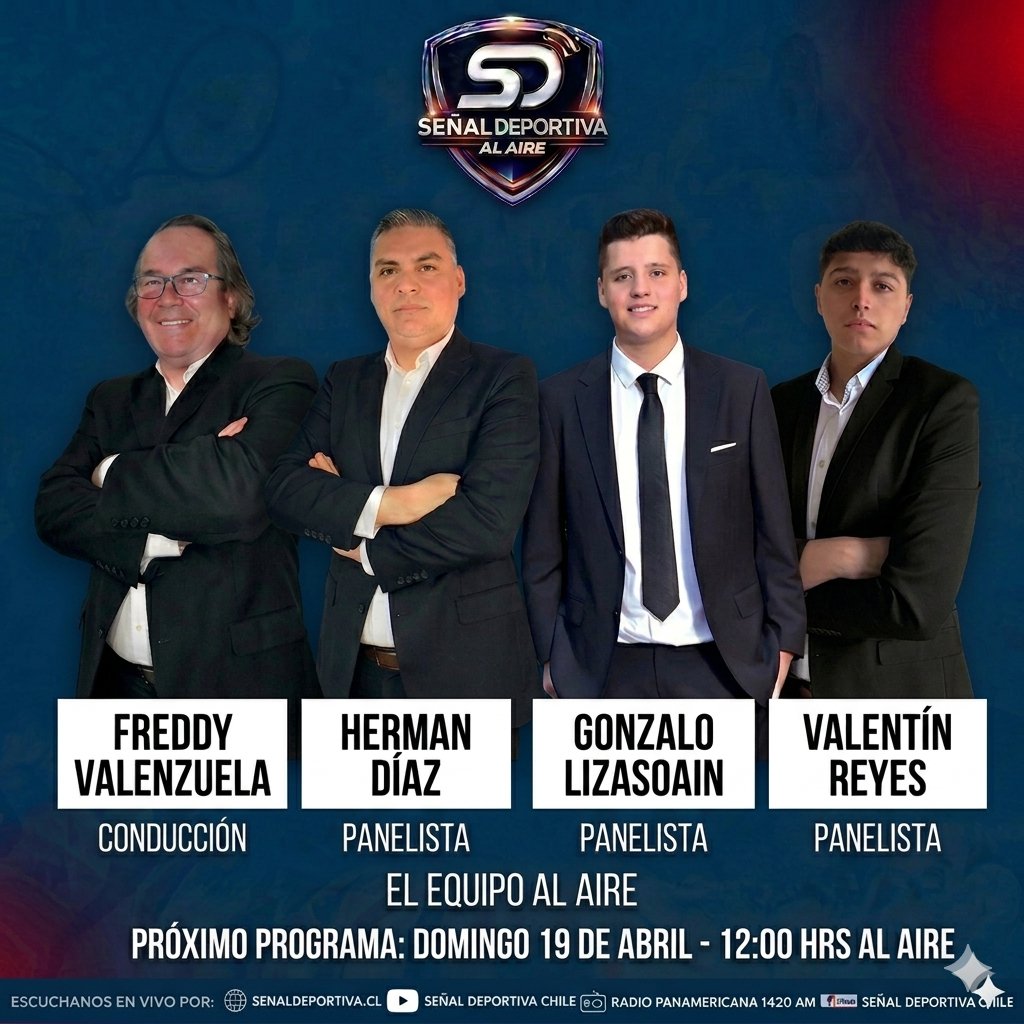SDEPORTIVA_'s tweet photo. DOMINGO 19 ABR

@SDEPORTIVA_ Al Aire

12:00 horas
En Vivo por :
🎥🎙️📻📺
Por las señales -Web - https://t.co/ZDgX9UaXtf - canal de youtube - Facebook Live , @radiopanamericana1420

Conducción:
🎤 @FValenzuelaMedo

+ Panelistas:

🎤 @GmHdiaz

🎤 @ValeReyesMan 

🎤 @GonzLizasoain https://t.co/UBEGstfcKR