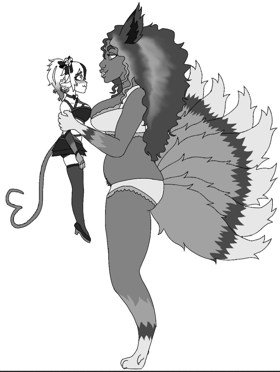 taroratva's tweet photo. I drew myself being held by my friend Pillow’s OC named Omori. #biglady #blackqueen #foxwoman #kitsune https://t.co/vJSxt5g6wn