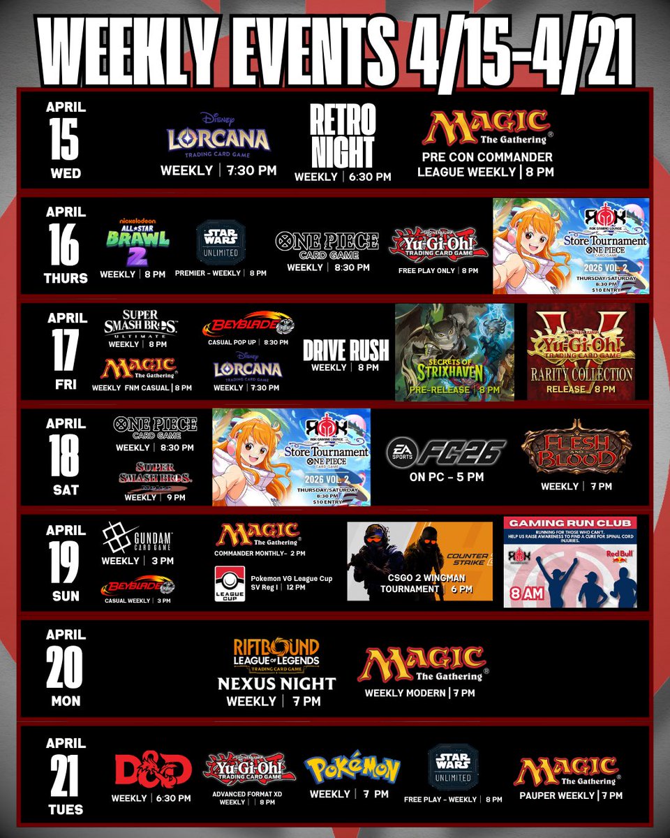 Another beautiful week at ROK Gaming Lounge! ☀️
This week is STACKED with TCG and gaming events happening right here in Palmetto Bay.

Any available online sign-ups can be found in our link in bio. Everything else — just stop by and register in person the day of the event.

See