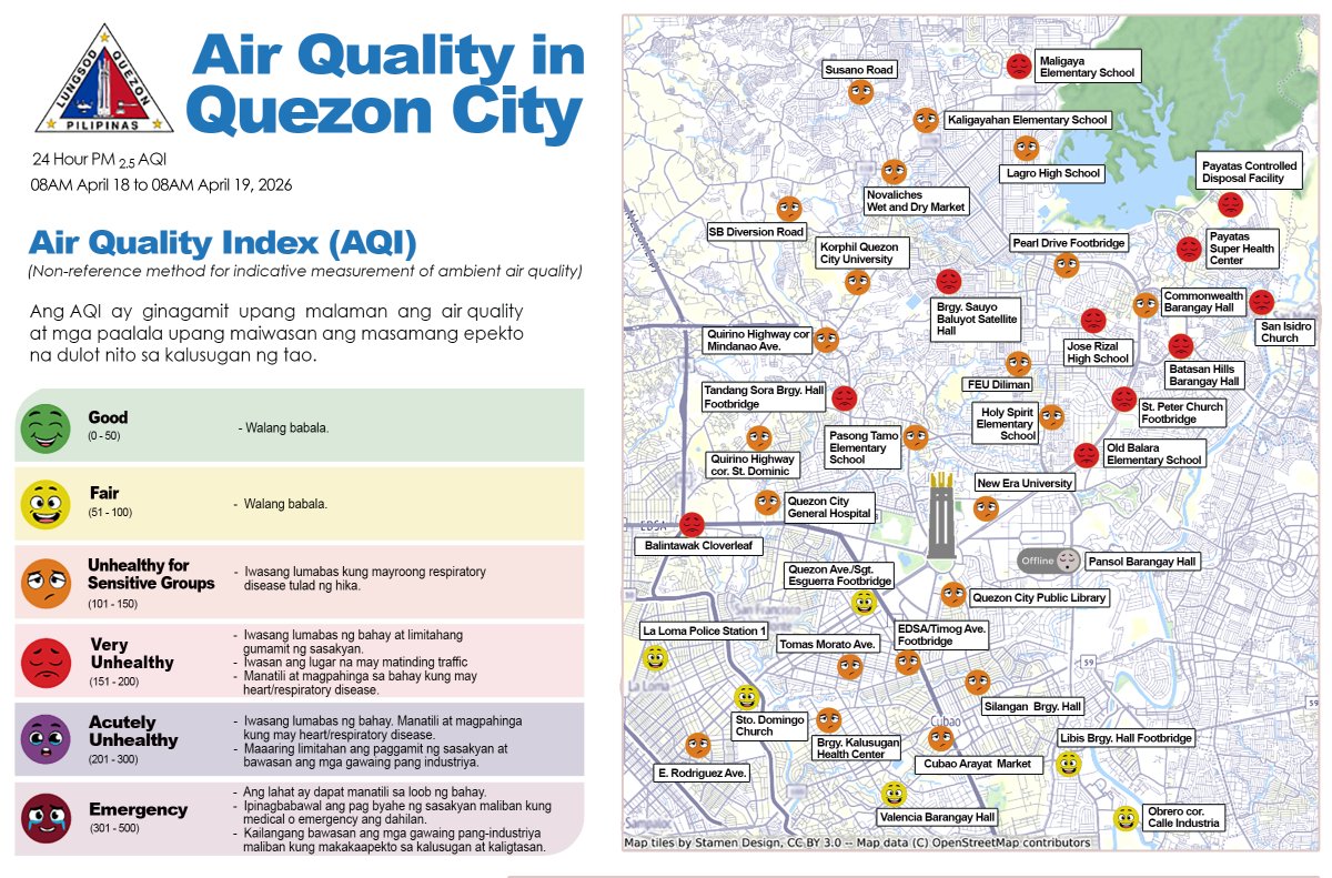 QCGov's tweet photo. Kalidad ng hangin sa Quezon City
April 18-19, 2026

QCitizens, manatili muna sa loob ng bahay at kung kailangang lumabas, huwag kalimutang magsuot ng face mask. 

Batay sa pinakahuling Air Quality Index (AQI), patuloy na nagtatala ng “Unhealthy” hanggang “Very Unhealthy” ang karamihan ng lugar sa lungsod.

Patuloy na mino-monitor ng lokal na pamahalaan ang AQI para tiyaking informed at updated ang lahat ng QCitizens sa kalidad ng hangin sa lungsod.

Para sa karagdagang impormasyon tungkol sa AQI, maaaring makipag-ugnayan sa Climate Change and Environmental Sustainability Department (CCESD): https://t.co/Hn3RmaO8dA. 

Kung makaranas ng sintomas tulad ng hirap sa paghinga, tumawag sa QC Helpline 122 para sa agarang tulong o magtungo sa pinakamalapit na ospital.

#CleanAirforQC