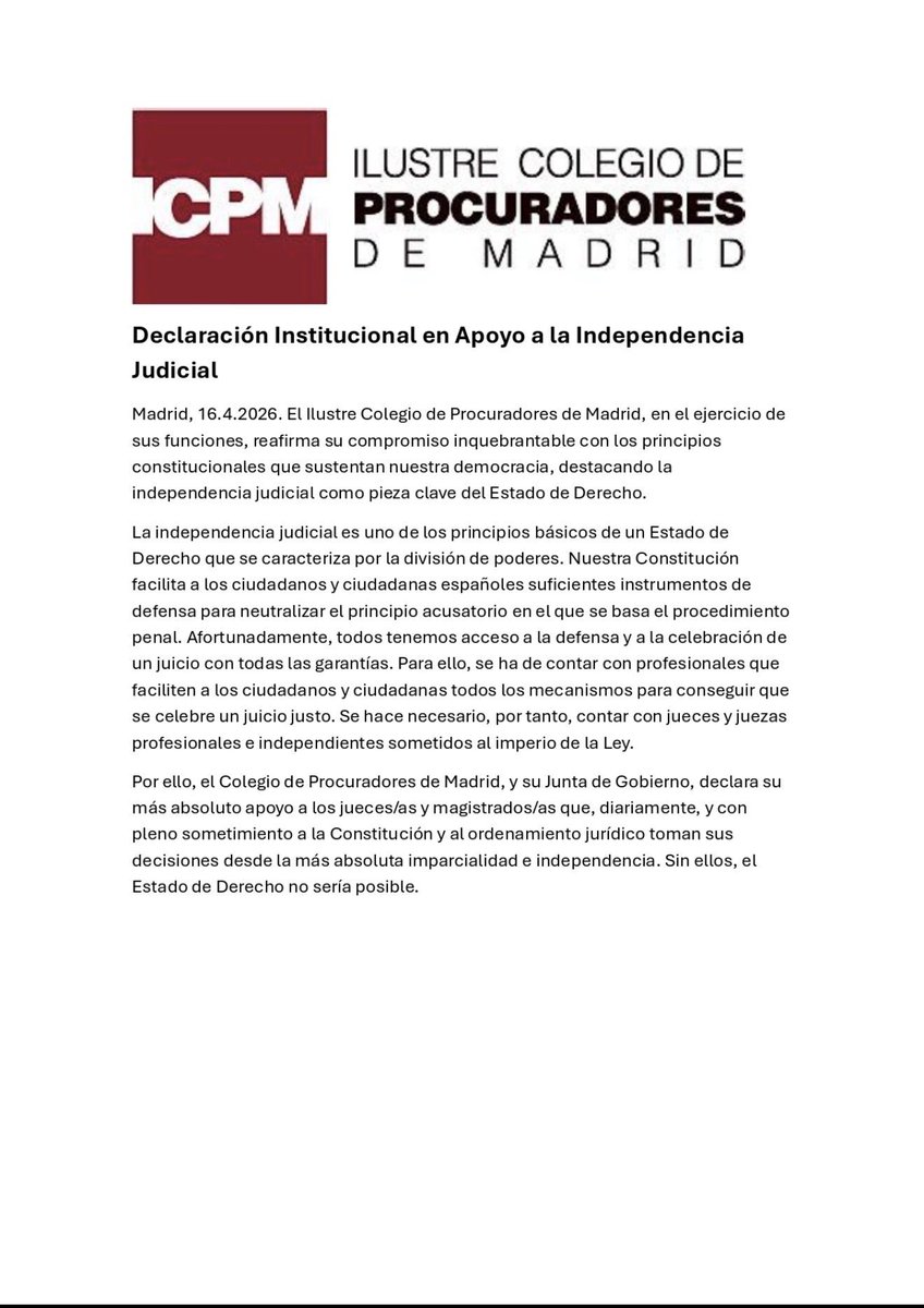 AnaAbueloGC's tweet image. 🇪🇸#19Abril2026
Institutional statement from #Madrid Attorney Proctor Association in relatión the judicial independence.
An allusion without mentioning him by name regarding the aggressors by Justice🇪🇸Minister Bolaños against 👨‍⚖️Judge Peinado
⚖️@MagistraThor
x.com/MagistraThor/s…