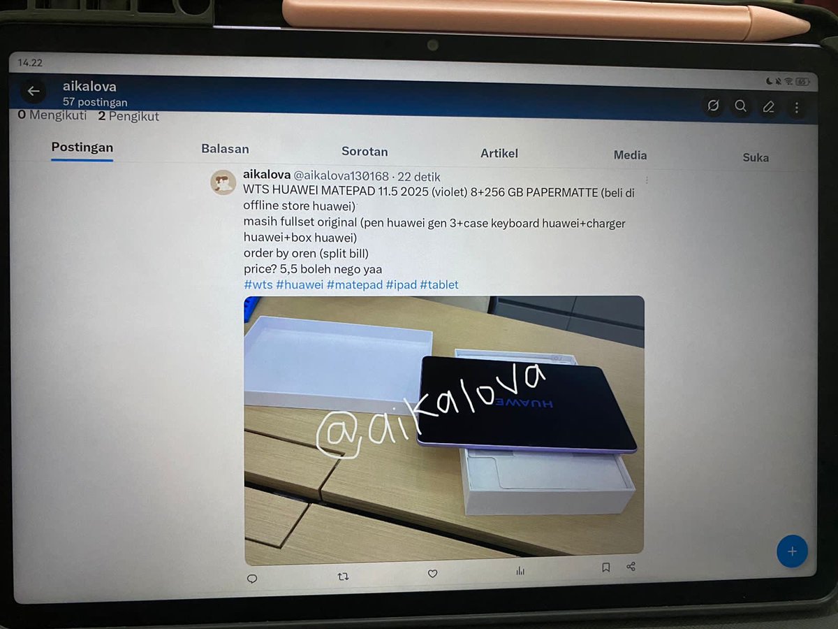 aikalovaa12867's tweet image. WTS HUAWEI MATEPAD 11.5 2025 PAPERMATTE VIOLET (8+256GB)
masih lengkap dan mulus charger, keyboard, dus, dll
bisa tambah dengan pen gen 3
akun lama ke banned‼️
yang mau tanya dm yaaa 
#ipad #matepad #tablet #zonauang #bu