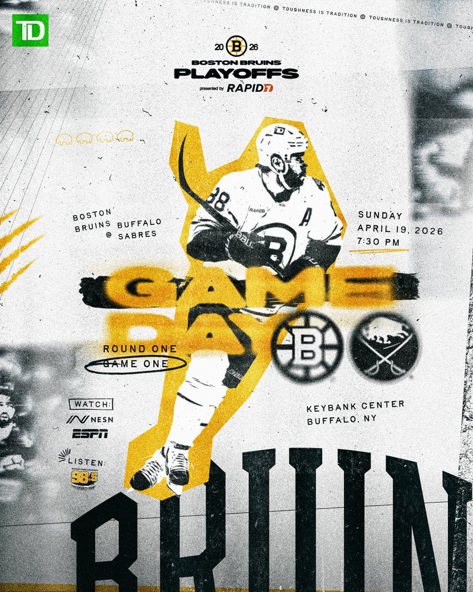 NHLBruins's tweet image. Game one.

📍 KeyBank Center
⏰ 7:30 p.m. ET
🆚 @BuffaloSabres 
📺 @NESN &amp;amp; @espn 
📻 @985TheSportsHub