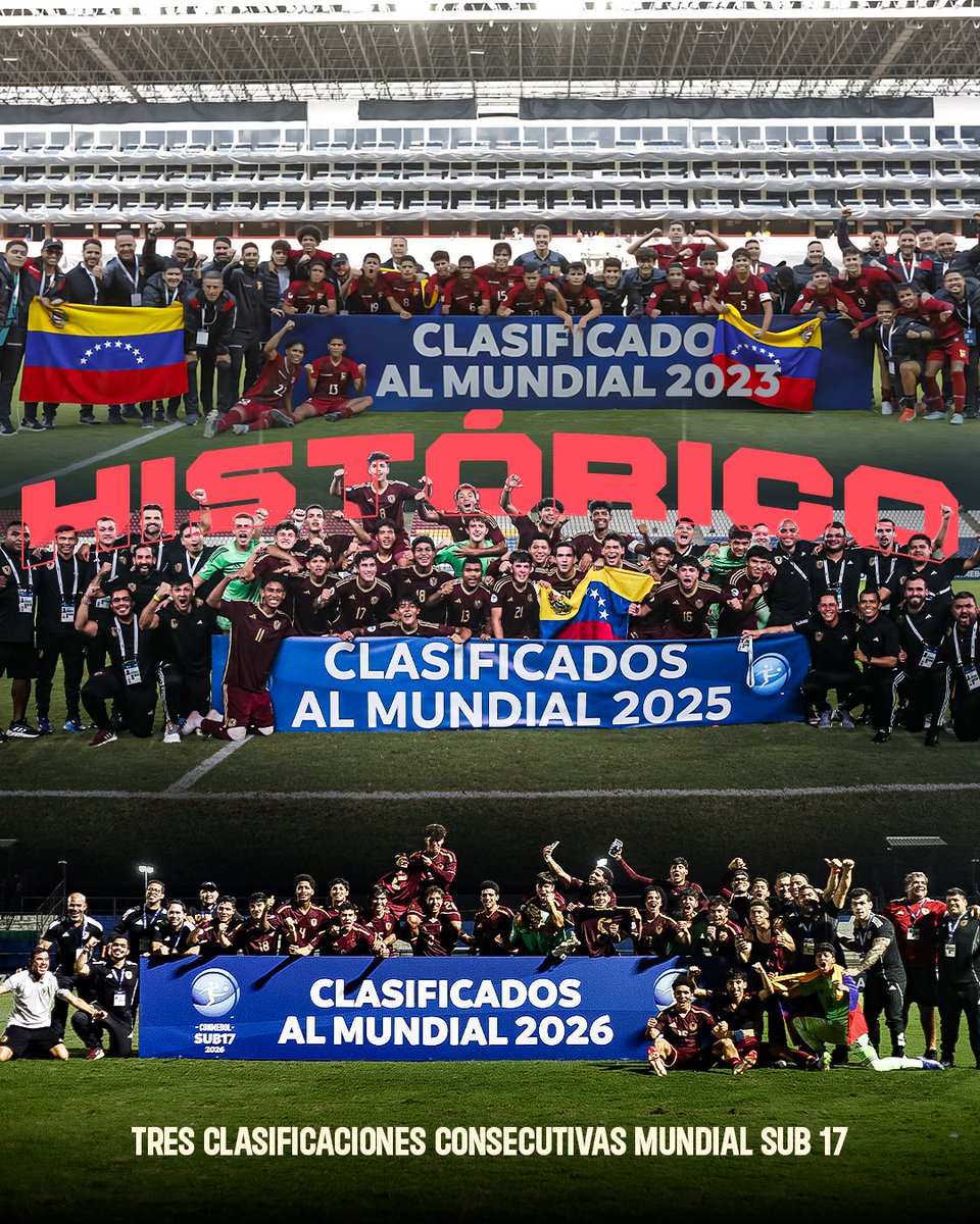 𝐇𝐈𝐒𝐓𝐎́𝐑𝐈𝐂𝐎 👏🏼🇻🇪

La #VinotintoSub17 Masculina alcanza su tercera clasificación consecutiva a la Copa Mundial de la FIFA.

ℹ️ Cuarta presencia mundialista en la historia de la categoría 💪🏼🌎

#SiempreVinotinto
