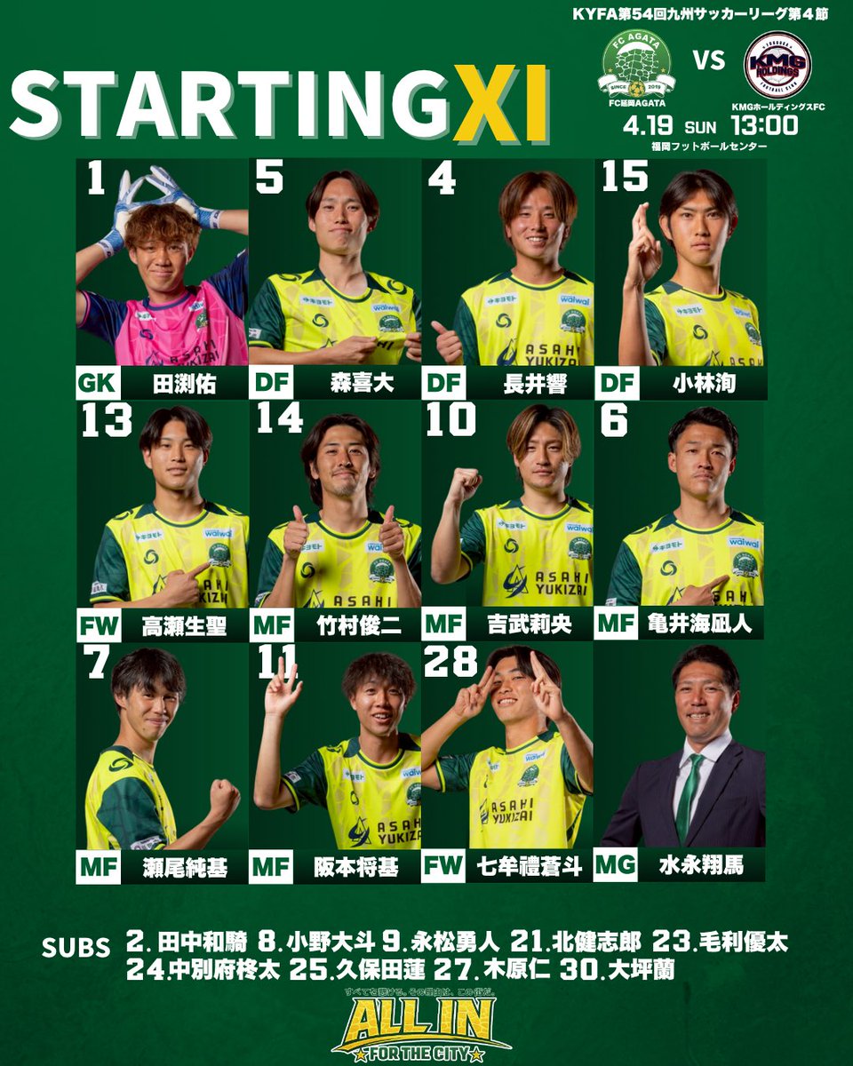 🏆KYFA第54回九州サッカーリーグ第４節🏆

スターティングⅪ🔥

🗓️4月19日(日)
⌚️13:00キックオフ
🆚KMGホールディングスFC
🏟️福岡フットボールセンター

#延岡市
#FC延岡AGATA
#延岡プライド
#サッカーを通して延岡を元気に
#agataサポーターと共にJリーグ