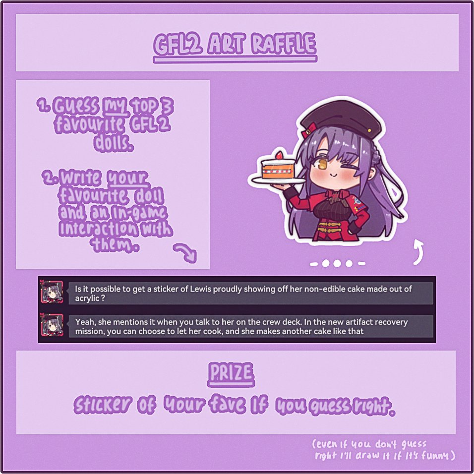 reeeeshe's tweet photo. oh hey it's my birthday so here's a gfl2 themed art raffle.

1. guess my 3 favourite gfl2 dolls
2. comment your favourite in-game interaction with your favourite doll

follow and comment your guess to enter.

#GirlsFrontline2Exilium #ドールズフロントライン2 https://t.co/bMqd3Pfob0