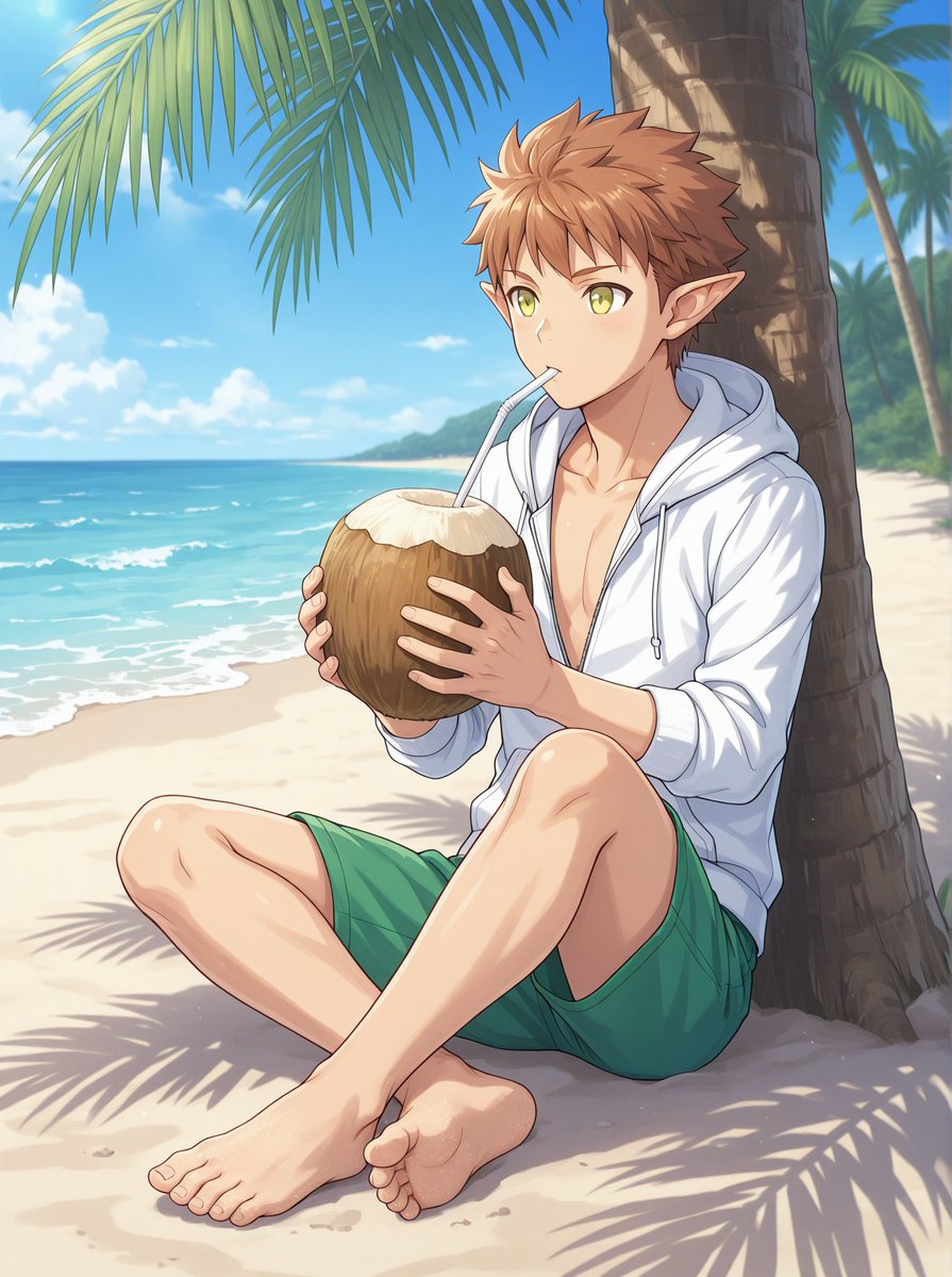 taki_boys's tweet image. 暑すぎる…！☀️エルフの少年と一緒に、海辺で涼んでいます。🌊この透明感、最高の癒やしタイム。😌心なしか涼しくなってきた気がする✨
It’s scorching hot!! ☀️ Chilling at the beach and beating the heat with this elf boy. 🌊 His ethereal vibes are the best way to stay cool. ✨

#AIart
