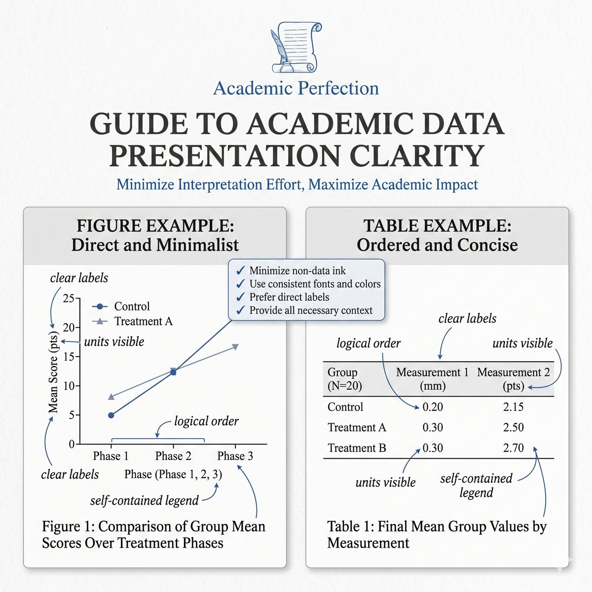 AcademPerfect's tweet image. Tables and figures should reduce interpretation effort. Clear labels, visible units, logical ordering, and concise legends make results easier to assess.

#AcademicPerfection #DataViz #Research