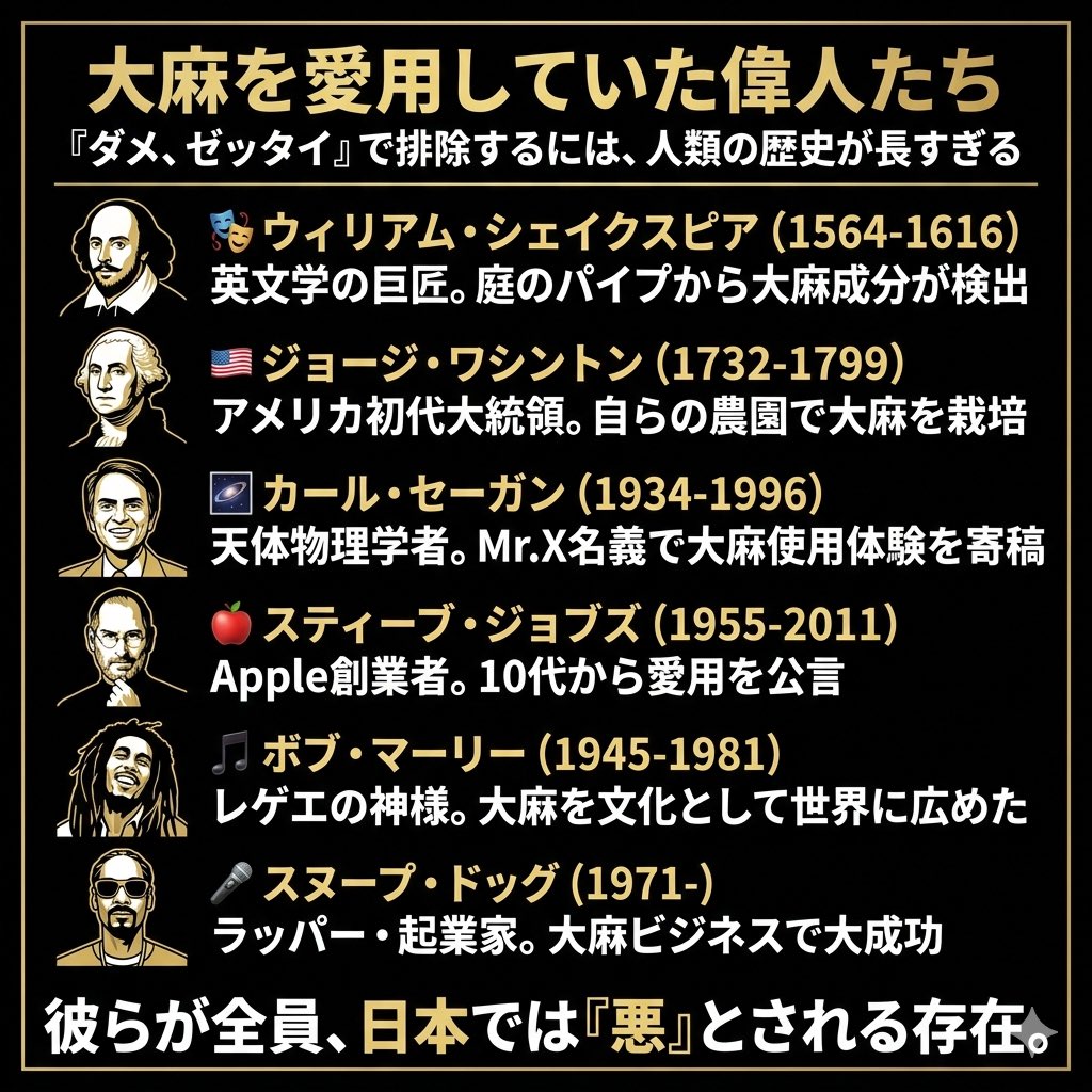 gohoya02's tweet image. 🍎 Appleを創ったジョブズ

🪐 宇宙を語ったセーガン

🎭 英文学を変えたシェイクスピア

🇺🇸 アメリカを建国したワシントン

日本の「ダメ、ゼッタイ」で否定される世界の偉人たち。

#weed #stoner