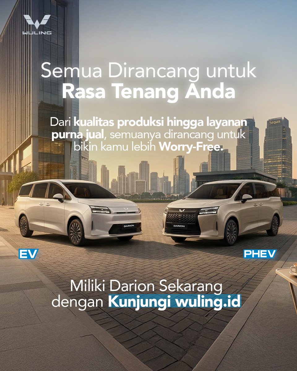 WulingMotorsID's tweet image. Karena ketika semuanya sudah dipikirkan dengan matang, kamu tinggal fokus menikmati perjalanan bareng keluarga.

Miliki Darion sekarang di wuling.id

#WulingMotors #DriveForABetterLife #DriveForAGreenLife #Darion #WorryFree