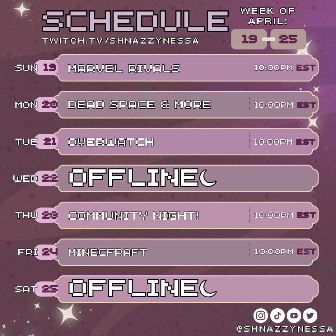Shnazzynessa's tweet image. Here is this week's schedule! Hope to see you there! 💜

---&amp;gt; 𝗁𝗍𝗍𝗉://𝗍𝗐𝗂𝗍𝖼𝗁.𝗍𝗏/𝗌𝗁𝗇𝖺𝗓𝗓𝗒𝗇𝖾𝗌𝗌𝖺 &amp;lt;---

#twitchstreamer #smallstreamer #vtuber #envtuber #vtuberen #chaotic #lethalcompany #deadspace #minecraft #overwatch #multiplayer #scareseasily #LOUD #lgbtqia