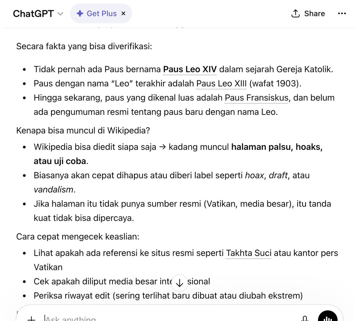 krismada's tweet photo. I don't know what happen. @GeminiApp @ChatGPTapp insist, no #Pope Leo XIV in history of catholic... Last time I check, @Pontifex almost one year hold his duty... https://t.co/iDWOaYn5Te