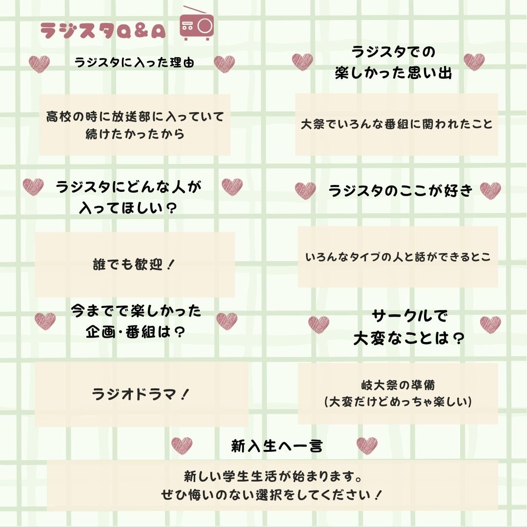 【ラジスタメンバープロフィール】
本日は2回生のプロフィールを紹介！
気になった方はDMか部室に来てみてください！

#ラジスタ 
#岐阜大学新歓情報
#新歓