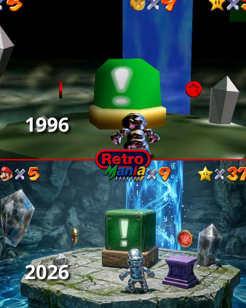 Press_Start9's tweet image. 🌟🔥 Una joya del 96, transformada en una obra maestra gráfica en 2026. 🎮✨ ¡Revive la era dorada de los videojuegos con un toque modernizado! ⚠️👾 ¿Cuál prefieres, el clásico o la actualización? 🤔💾 #RetroGaming #Mario64