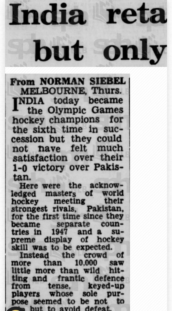 VAAChandran's tweet image. The 1956 Melbourne Olympic Hockey Final's match report from the Strait Times of Singapore.

India's 6th Olympic Gold medal, by beating Pakistan in the final.

#FieldHockey #Hockey #Olympics