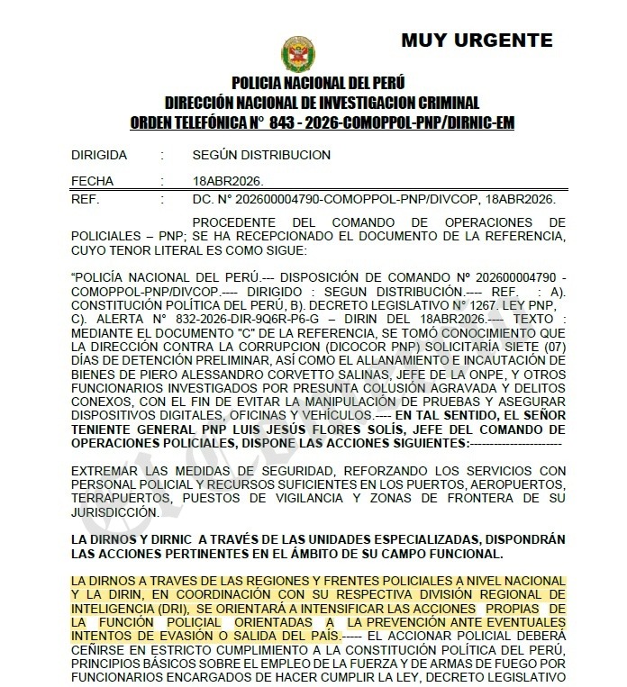 #URGENTE La Policía Nacional del Perú (PNP) dispone a sus distintas unidades especializadas desplegar acciones ante posible salida de Piero Corvetto, jefe de la ONPE, del Perú.
