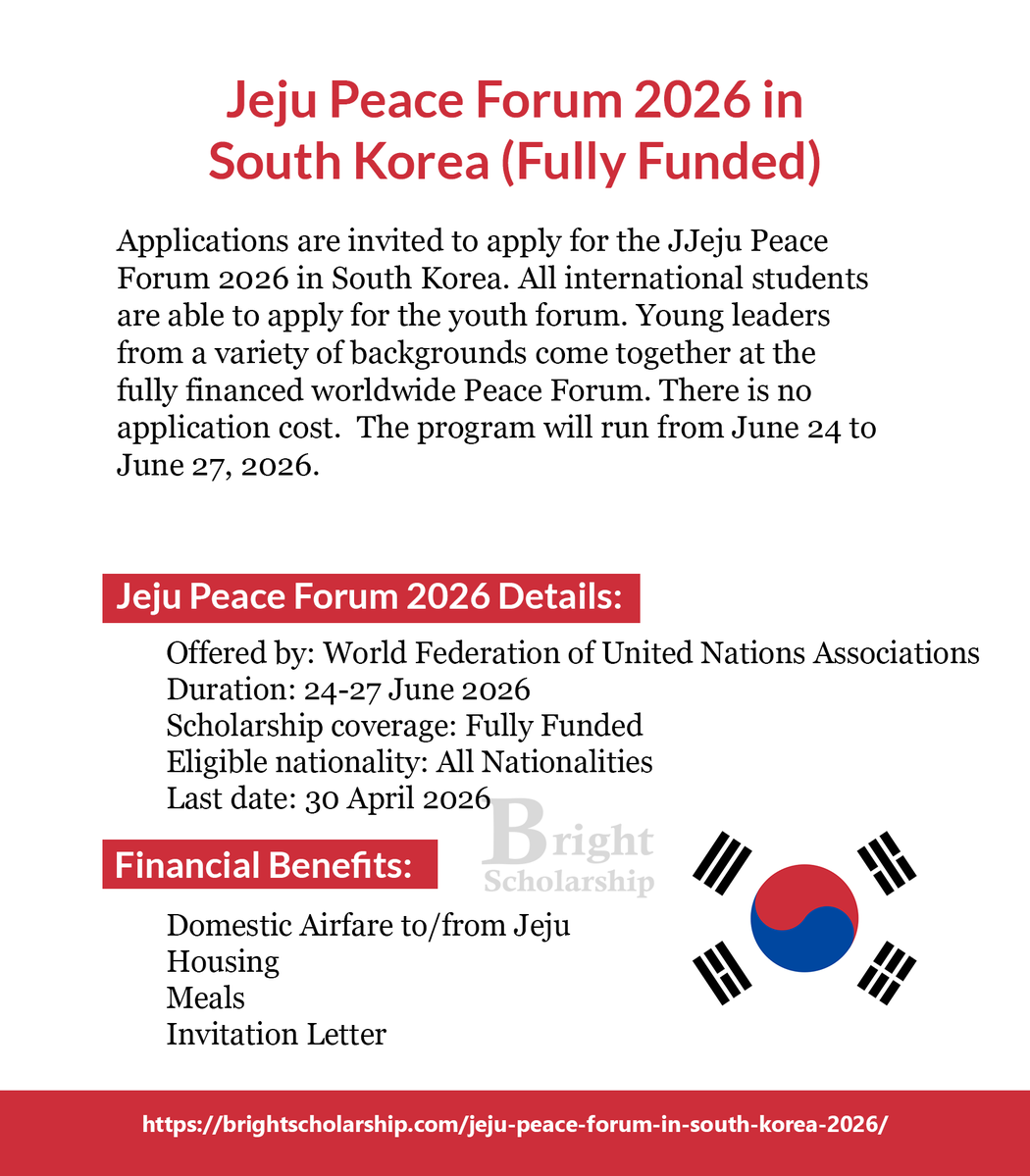 BrightSship's tweet image. Jeju Peace Forum 2026 in South Korea (Fully Funded)

Duration: 24-27 June 2026
Eligible nationality: All Nationalities
Award country: South Korea
Last date: 30 April 2026

Apply Link: brightscholarship.com/jeju-peace-for…

#BrightScholarship #FullyFunded #Summit #SouthKorea