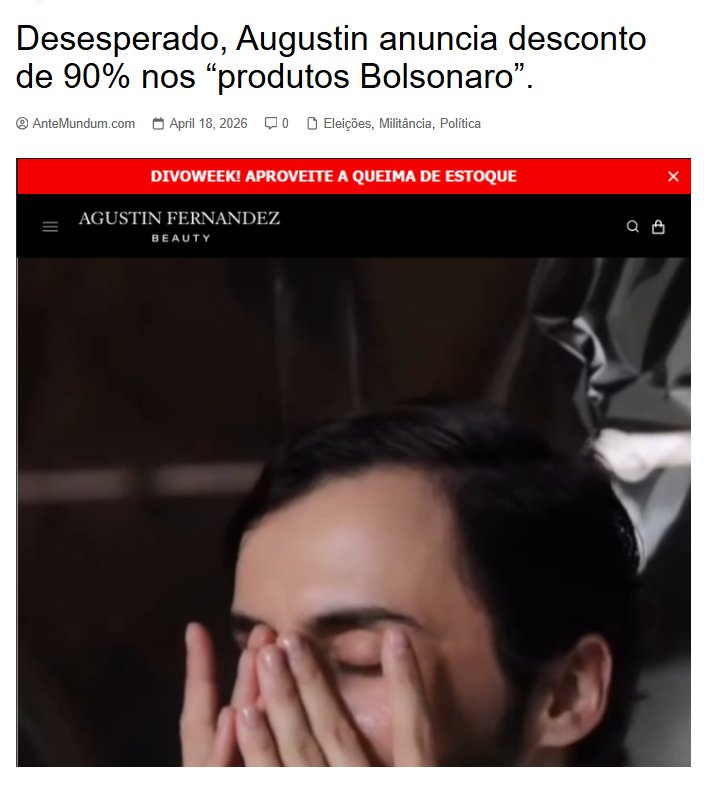 Desesperado, Augustin anuncia desconto de 90% nos “produtos Bolsonaro”.
“Oi! Tudo bem? Aqui é o Agustin. Estou te mandando esta mensagem porque acabei de liberar…” via Whatsapp e com vídeo, ele anuncia promoções agressivas.
Vendas despencaram após o backlash bolsonarista?