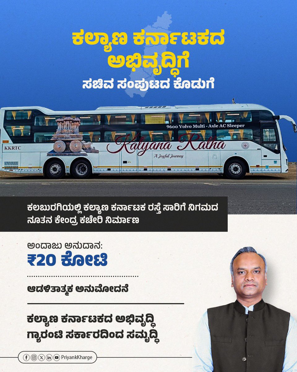 ಕಲ್ಯಾಣ ಕರ್ನಾಟಕದ  ಅಭಿವೃದ್ಧಿಯ ಭಾಗವಾಗಿ  ಕಲಬುರಗಿಯಲ್ಲಿ ₹20 ಕೋಟಿ ವೆಚ್ಚದಲ್ಲಿ ಕಲ್ಯಾಣ ಕರ್ನಾಟಕ ರಸ್ತೆ ಸಾರಿಗೆ ನಿಗಮದ  ನೂತನ ಕೇಂದ್ರ ಕಚೇರಿ ನಿರ್ಮಾಣ ಮಾಡಲು ನಿನ್ನೆ ನಡೆದ ಸಚಿವ ಸಂಪುಟ ಸಭೆಯಲ್ಲಿ ಅನುಮೋದನೆ ದೊರೆತಿದೆ. 

ಕಲ್ಯಾಣ ಕರ್ನಾಟಕದಲ್ಲಿ ಸಾರಿಗೆ ವ್ಯವಸ್ಥೆಯನ್ನು ಮತ್ತಷ್ಟು ಬಲಪಡಿಸಲು ಮತ್ತು ಸಿಬ್ಬಂದಿಗಳಿಗೆ ಅಗತ್ಯ ಮೂಲ