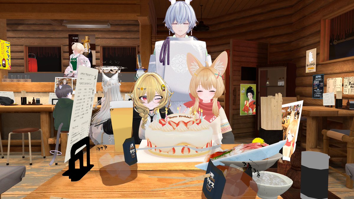 Gaia_1412's tweet image. 昨日は、「#バーチャル居酒屋がやがや」に行ってきた！
一緒に行ったフレンドさんが誕生日になった瞬間店員さんからケーキのサプライズあって
こっちまで興奮してしまった笑
粋なことしますなぁ！
また、近々行きたい！

#バーチャル居酒屋がやがや
#VRC