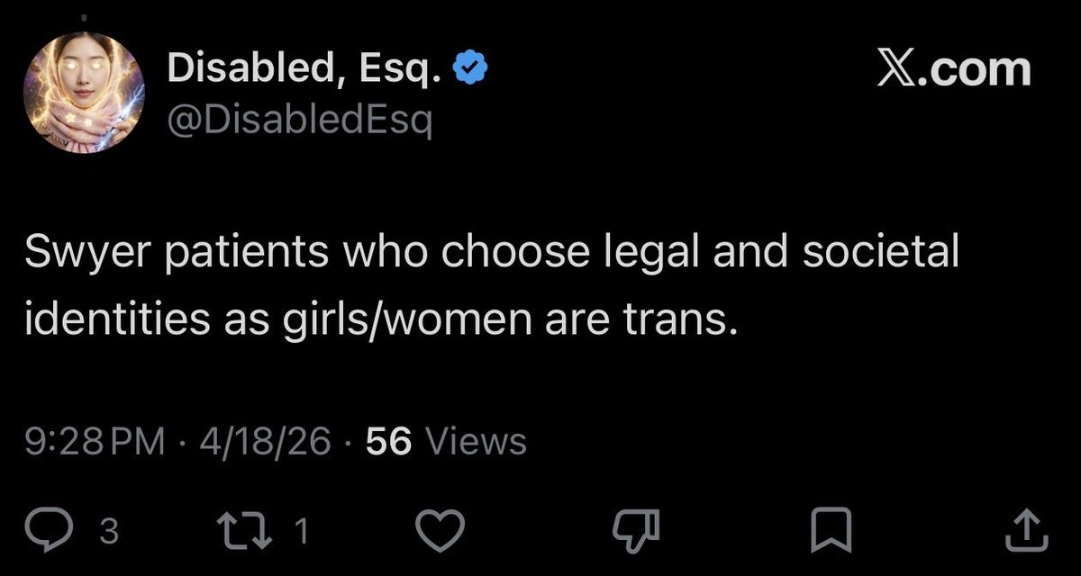 TTExulansick's tweet photo. Trans and DSDs are not even remotely the same. 
Also she’s saying that Swyer women, women with a uterus and vagina and can even menstruate and get pregnant with egg donor are male. So when they identify with their own reproductive system, thats trans because male…? https://t.co/WhT2QsTFlV