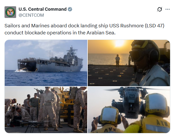 uniindianews's tweet image. Sailors and Marines aboard dock landing ship USS Rushmore (LSD 47) conduct blockade operations in the Arabian Sea: U.S. Central Command

@CENTCOM | #USCentralCommand | #USNavy | #Marines | #Sailors | #ArabianSea | #BlockadeOperations | #NavalOperations | #MaritimeSecurity |
