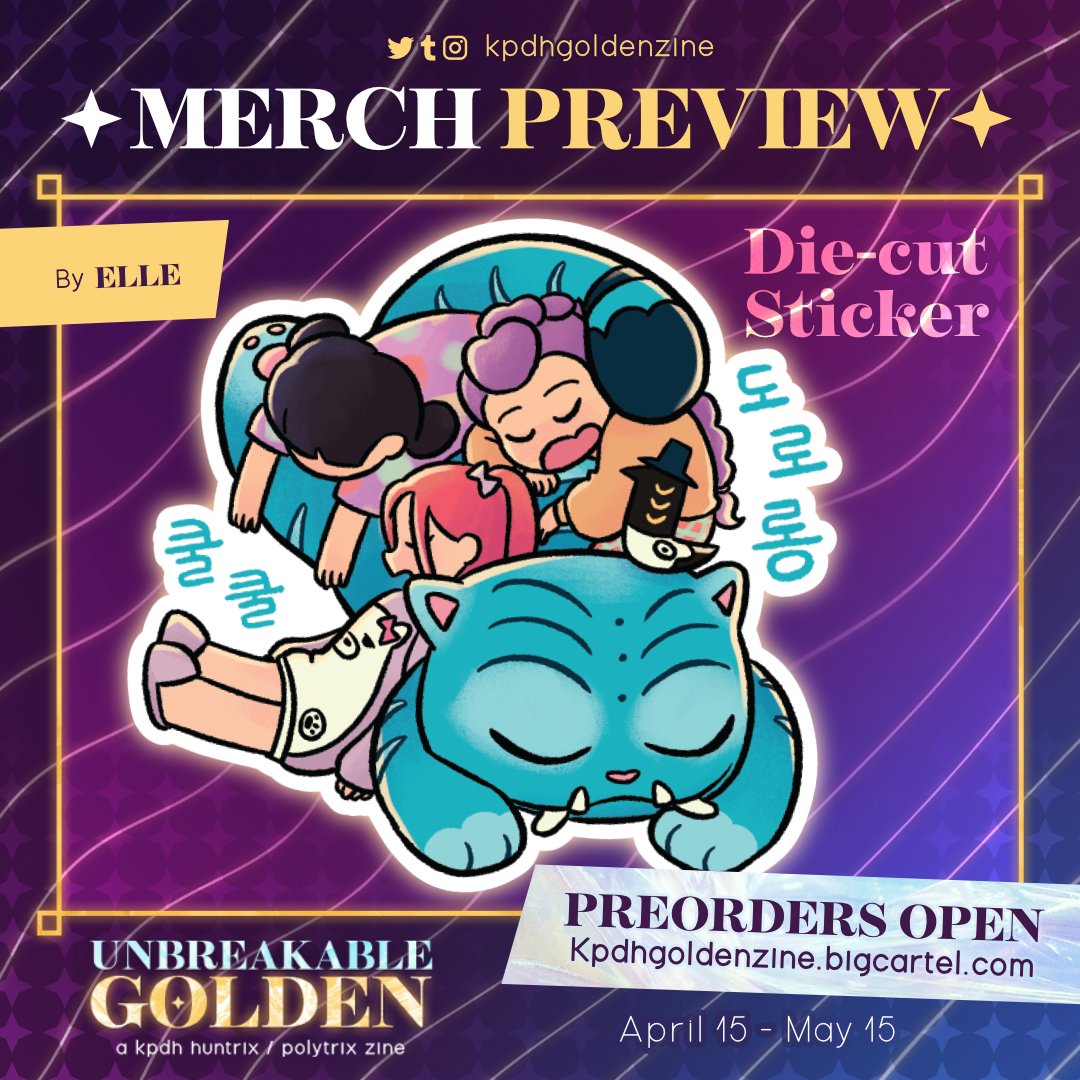 kpdhgoldenzine's tweet image. Would you like a cute die-cut sticker of HUNTR/X catching some Zs with Derpy and Sussie, or a print of Golden's music video? Look no further than Elle's merch! Order our zine TODAY until May 15 to get them! #kpopdemonhunters #kpdh #huntrix #polytrix

🛒 kpdhgoldenzine.bigcartel.com