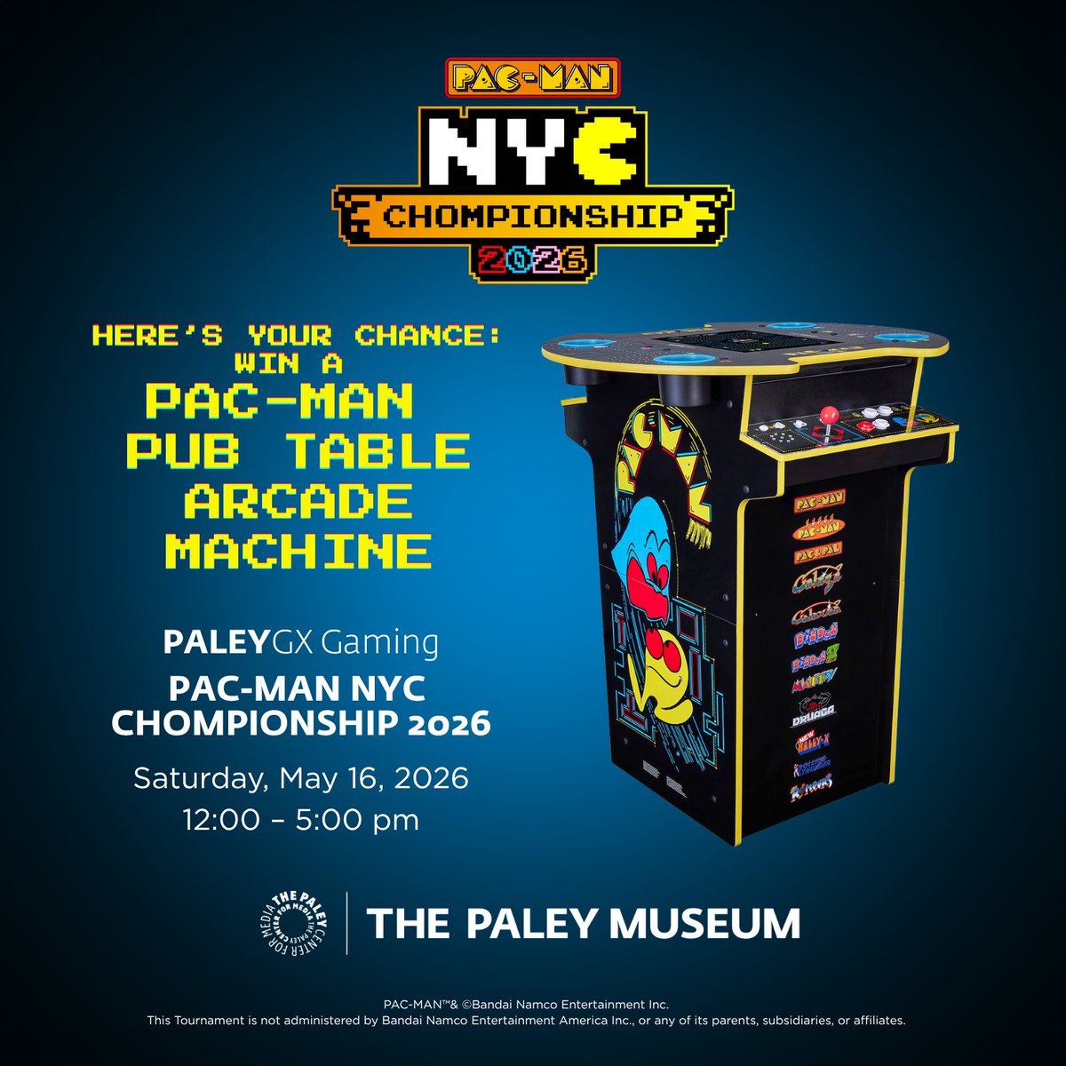 paleycenter's tweet image. Ready to test your pattern recognition under pressure? The #PACMAN NYC Chompionship lands May 16 at The Paley Museum.

Qualifiers: 12:40–3:00 PM | Finals: 3:00 PM
🏆: @officialpacman Pub Table Arcade Machine

Show up early. Check in. Chase the high score: bit.ly/3Q4Ak8h