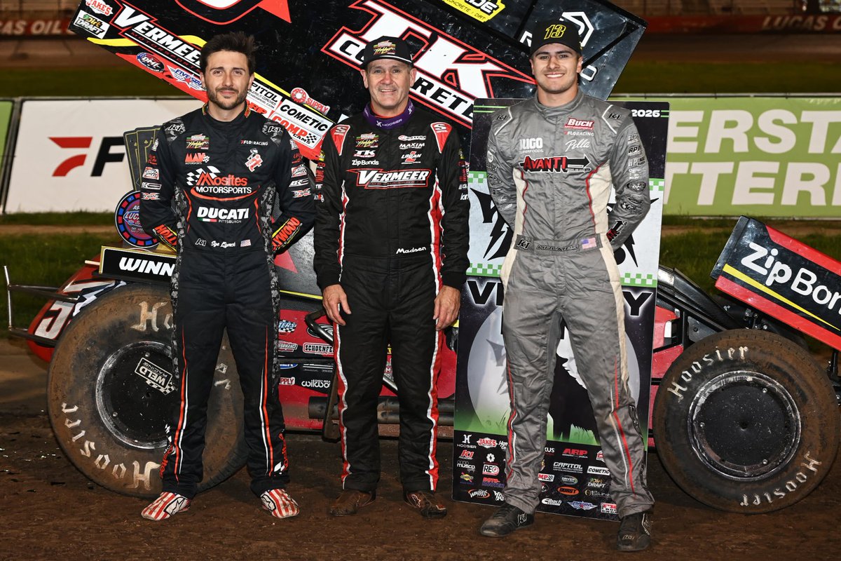 Saturday’s Podium at @LucasSpeedway:

🥇 @KMR29 (<a href="/TonyVermeer55/">TonyVermeer</a>)
🥈 @Sye_Lynch (Mosites Lynch #42)
🥉 <a href="/TannerHolmes18/">Tanner Holmes</a> (@BuchSprint13)

It’s the first @InterstateBatts High Limit Racing podium of the year for all three drivers!