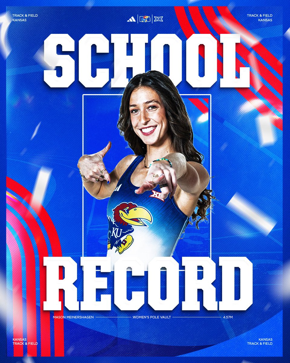 kansastfxc's tweet photo. SHE KEEPS RAISING THE BAR 🤷‍♀️⬆️

Mason Meinershagen clears 4.57m to win the women’s pole vault invite, recording the third-highest clearance in the nation and breaking her own school record!

#RockChalk https://t.co/8iRteA4Oia