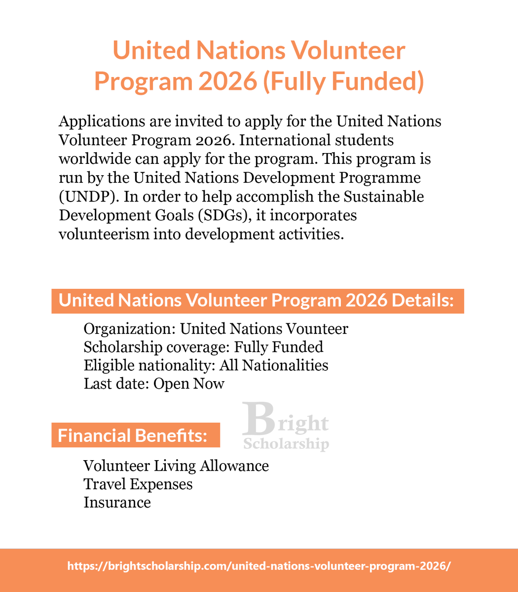 BrightSship's tweet image. United Nations Volunteer Program 2026 (Fully Funded)

Organization: United Nations Vounteer
Scholarship coverage: Fully Funded
Eligible nationality: All Nationalities
Last date: Open Now

Apply Link: brightscholarship.com/united-nations…

#BrightScholarship #FullyFunded #VolunteerProgram