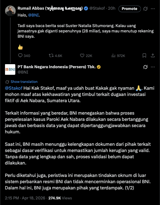 Sewaktu nge-tag BNI, status saya akhirnya direspon oleh BNI lewat akun resminya.

BNI bilang mereka "juga pihak yang terdampak" dalam kasus Rp28 miliar dana umat Paroki Aek Nabara. Secara teknis benar. Tapi kan ada jurang besar antara "terdampak" dan "bertanggung jawab".

Apakah
