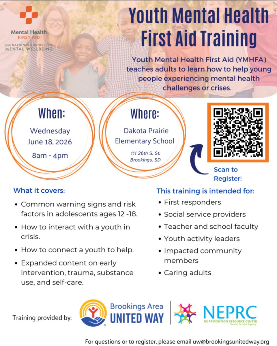 startsdprogram's tweet photo. Heads up on this local training event targeting mental health first aid in youth population.

Register ahead of time at: https://t.co/CeWdcY7giw

#mentalhealth #suicideprevention #southdakota https://t.co/Jn7lzyKon9