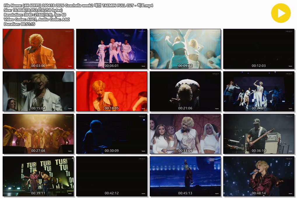 260418 2026 Coachella week2 태민 TAEMIN FULL CUT

🔸[1080P 추출본] TS 1GB
[Download] 🔗naver.me/Fc6Tf6Pk

🔸[4K 60FPS녹화본] MP4 17GB
[Download]🔗transfer.it/t/tIiY2LwRRLAZ

▪️[4K 60FPS] 녹화본으로 화질 보정해서 완성하는대로 업로드 할께요.

#태민 #TAEMIN #テミン #泰民