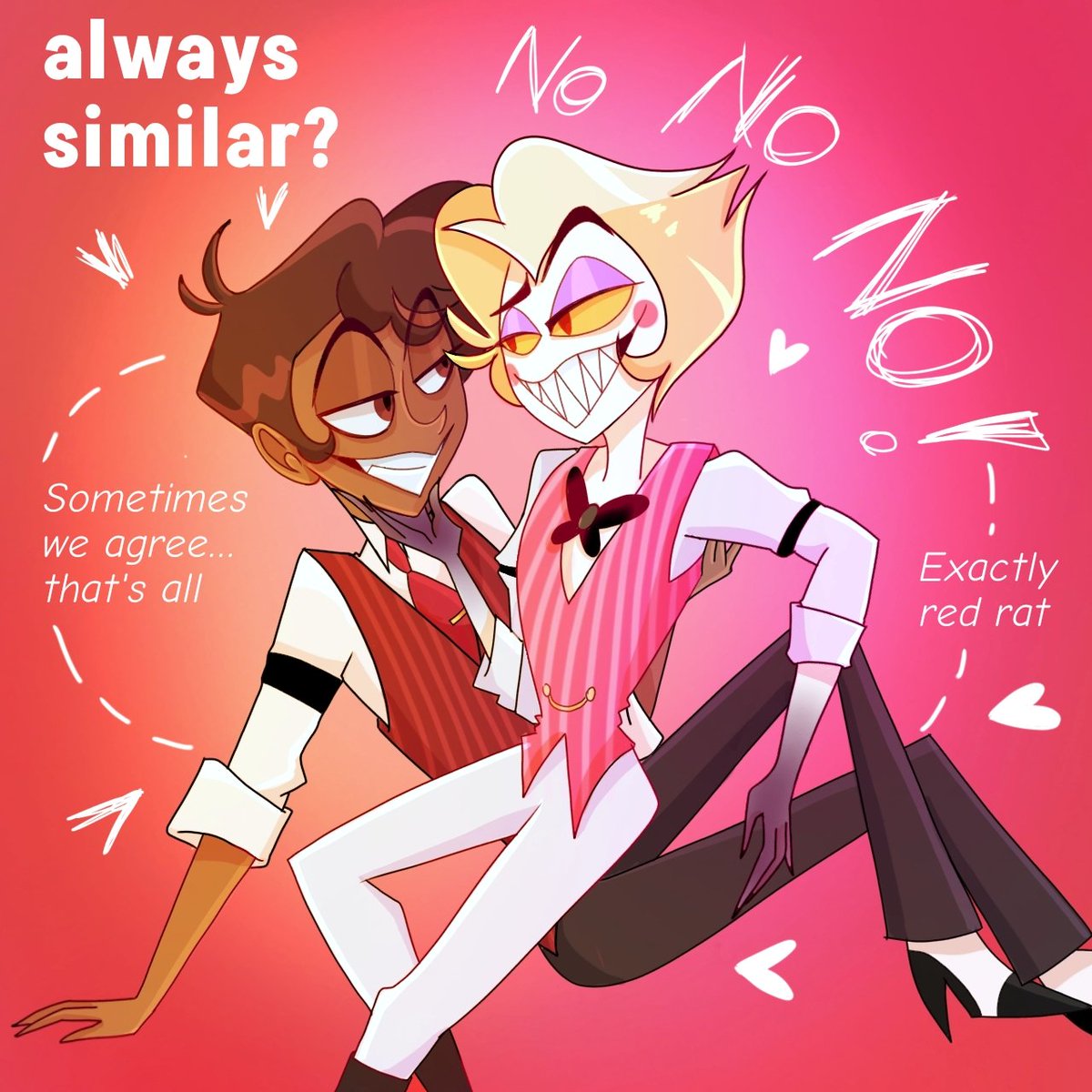 Flay_dragon06's tweet image. -How does the phrase "business partners" sound?

-Nice try, but it still doesn't quite fit who we are. 
#radioapple #appleradio #hazbinhotel
