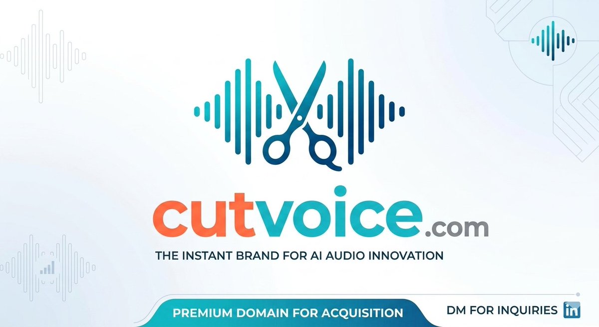 nrwegy07's tweet image. Elevate your brand with CutVoice.com! 🎙️✂️
Short, punchy, and built for the future of AI audio editing. A perfect digital asset for a visionary founder.
Don't miss out on this premium domain. DM me to make an offer. 📈
#CutVoice #DomainName #AI #Startup #Branding