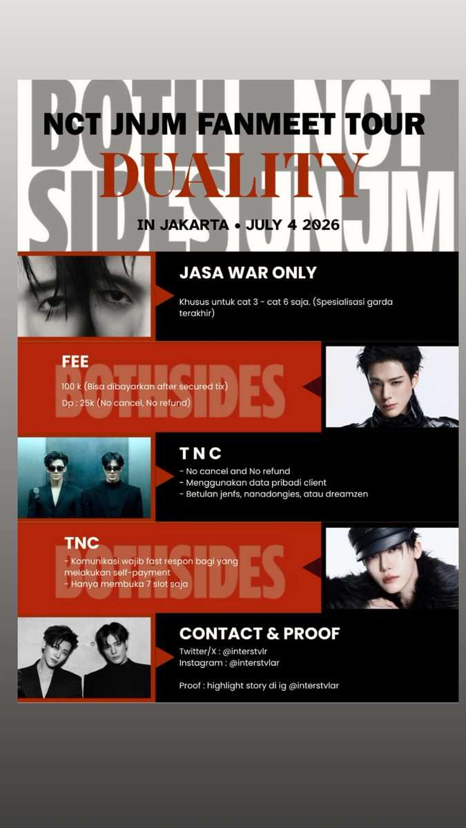 sognare_7's tweet image. Open Jaswar Fanmeet NCT JNJM // by interstvlr

✅ Khusus untuk cat 3-5 (spesialis di cat garda terakhir) 
📝Open slot hanya untuk 7 orang saja
💳 Bisa self payment 

• info detailnya bisa dilihat di pict atau bisa langsung dm ke @interstvlr •

#NCT #NCTDREAM #JENO #JAEMIN