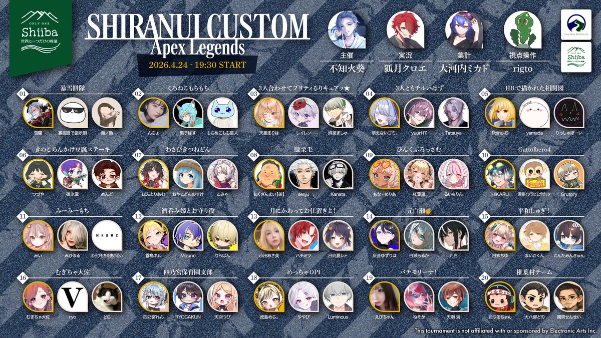 SHIRANUIAOI_V's tweet photo. \不知火カスタム ロースター発表/
お待たせしました!出場メンバー公開です🔥
4/24(金)19:30〜 YouTube本配信スタート!
本番までの最新情報はこのアカウントで随時更新します。
ぜひ通知ON&配信待機お願いします!
配信先:https://t.co/Qp3G1QUFLR
#APEX #不知火カスタム #eスポーツ
(協賛:宮崎県椎葉村/協力:ジオノート九州)
▼運営紹介やマッチの内容はリプから!